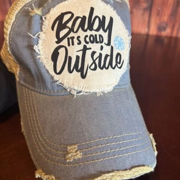 Distressed Trucker Hat Baby Its Cold Outside Boho Groove One Size Fits All Beige - Picture 1 of 7